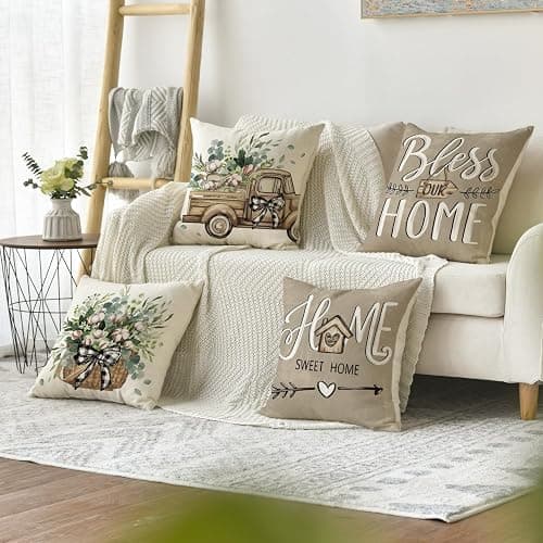 AVOIN colorlife Bless Our Home Farmhouse Eucalyptus Leaves Throw Pillow Covers, 18 x 18 Inch Truck Home Sweet Home Cushion Case Decorations Set of 4 thumbnail 2
