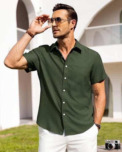 Alimens & Gentle Mens Linen Shirts Short Sleeve Button Down Shirts Wrinkle Free Casual Vacation Beach Summer Tops thumbnail 2