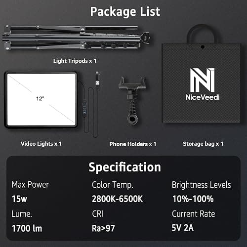 NiceVeedi 1-Pack Photography Lighting Kit, 2800-6500K Bi-Color LED Video Light Kit, Dimmable Studio Light with Tripod Stand & Phone Holder, Light for Video Recording, Game Streaming, YouTube thumbnail 7