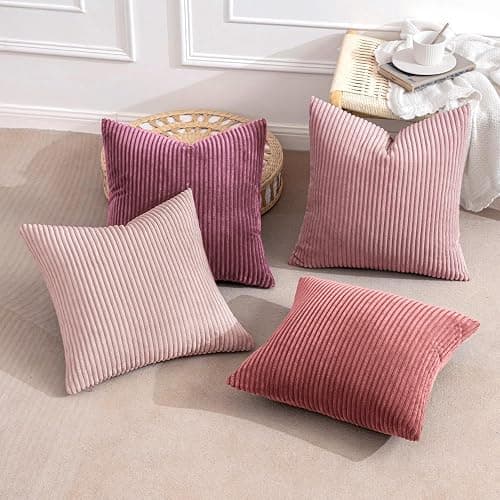 MIULEE Soft Corduroy Decorative Throw Pillow Covers Purple Pink 18x18 | Set of 4, Shabby Chic Romantic Decor, Pink Gradient Matching, Boho Farmhouse Cushion Covers for Couch Bed Sofa Living Room thumbnail 4