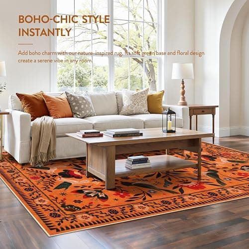 Moynesa Washable 8x10 Area Rugs for Living Room Bedroom Dining Room, Bohemian Scandinavian Modern Country Aesthetic Floral Bird Medallion Carpet, Fall Home Decor Open Floor Areas Protection Non-Slip thumbnail 2