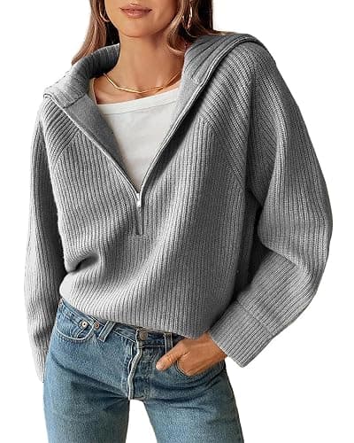 BTFBM Womens Sweaters Quarter Zip Pullover V Neck Collar Long Sleeve Ribbed Knit Loose Casual 2025 Winter Fall Sweater - Image 1