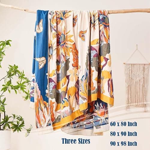 XIBLC Boho Throw Blanket, 100% Cotton Ultra Soft Luxury Throw Rustic Quilt, 60"x80" Floral Bird Butterfly Farmhouse Decor Bed Blankets, All Season Rustic Reversible Bohemian Throw for Bed - Yellow thumbnail 5