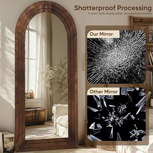 Coomily Full Length Mirror, 71"x32" Wooden Mirror Full Length with Stand Wood Floor Mirror, Oversized Stand Up Mirrors Large Wall Mirrors, Wall Mounted Mirrors, Arched Vintage Style, Walnut thumbnail 5