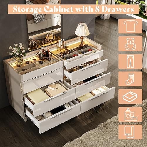 AMERLIFE 47.2" W 8-Drawer Dresser with Glass Top, High Gloss, Cream & Grey | Wide Dresser, 2 Jewelry Drawers, LED Lighting, Spacious Storage Chest, Bedroom Organizer thumbnail 5