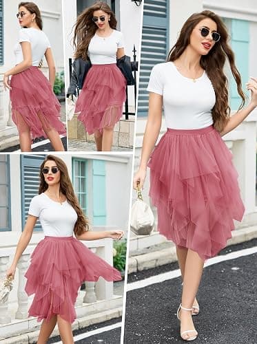 Wikoan Gonna in Ulle da Donna Elegante Abito Asimmetrico a Tre Strati in Tulle Trasparente con Fodera,Gonna a Rete da Principessa S-XXL thumbnail 4