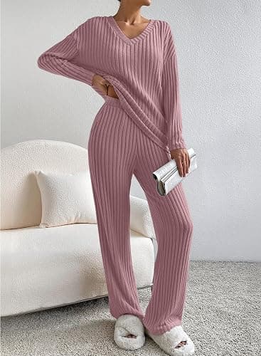 SHEWIN Women's Pajama Sets Long Sleeve Short Sleeve 2 Piece Lounge Sets Ribbed Knit Sweater Sleepwear thumbnail 2