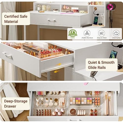 Driftalia Vanity Desk with Mirror and Lights, Makeup Vanity with Storage Drawer, Power Outlet and Large Cabinet for Bedroom - White thumbnail 6