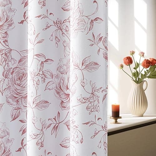 Beauoop Floral 100% Blackout Curtains 84 Inches Long 2 Panels for Bedroom Living Room Pink White Farmhouse Dusty Rose Flower Patterned Room Darkening Thermal Grommet Window Treatments Drapes, 50X84 thumbnail 3
