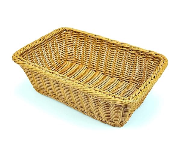 12" Poly Wicker Bread Basket, Hand Woven Food Storage Room Organizer, Fruits, Vegetables and Snacks Tabletop Food Serving Basket, Restaurant, Hotel Service, Brown - Image 1