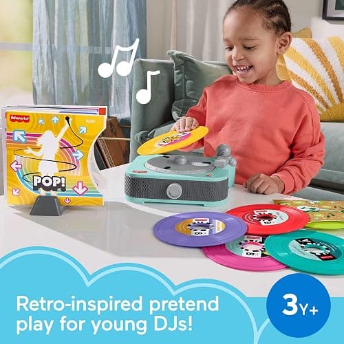 Fisher-Price Musical Toy Deluxe Rockin’ Record Player Pretend Turntable with 6 Albums for Preschool Play Plus Bonus Exclusive Holiday Album Kids Ages 3+ Years (Amazon Exclusive) thumbnail 3