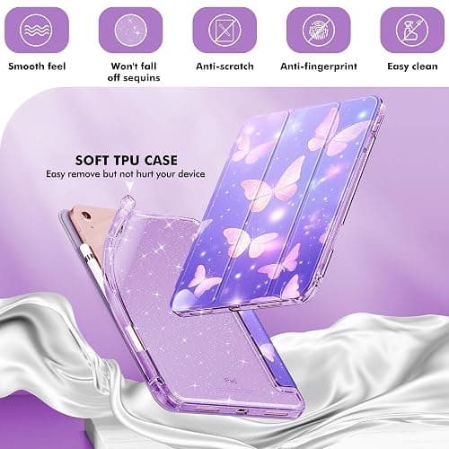 INFILAND Compatible with iPad 10th Generation Case, iPad Case 10th Generation 10.9 Inch, Glitter Leather Cover with Sparkly Crystal Clear Back, Pencil Holder, Anti-Yellowing (Purple Flutter) thumbnail 4