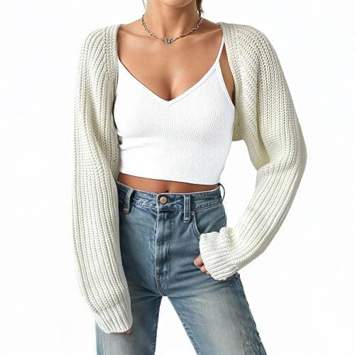 Fuimsul Women Open Front Ribbed Knit Crop Bolero Drop Shoulder Long Sleeve Solid Loose Fit Knitted Crop Cardigan Shrug thumbnail 8
