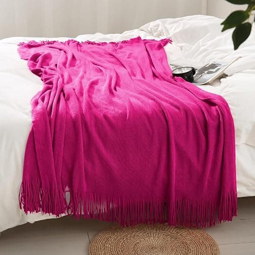 Homiest Dark Pink Knitted Throw Blanket with Fringe, 50x60 Inch | Pure Acrylic, Lightweight & Breathable, All-Season Use, Machine Washable, Wrinkle & Fade Resistant, for Couch Sofa And Bed thumbnail 2