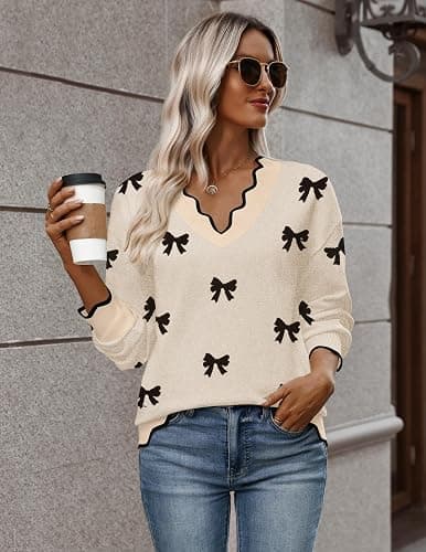 Zeagoo Women's 2025 Fall V Neck Sweater Casual Long Sleeve Lightweight Ribbed Knit Pullover Sweaters Dressy Casual Tops thumbnail 6