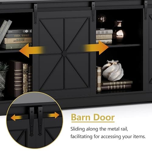 Farmhouse TV Stand for 65/60/55 Inch Tvs, Rustic Entertainment Center with Storage Cabinets & Sliding Barn Doors, Modern Media Console Table, Wood Television Furniture for Living Room, Bedroom, Black thumbnail 4