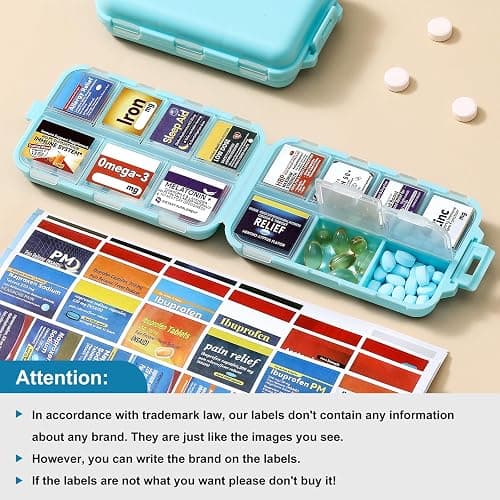 3 Pack | 14 Grids | Travel Pill Organizer Box | 415-Pcs Medicine Name Labels | Khaki+Grey+Sky Blue thumbnail 4