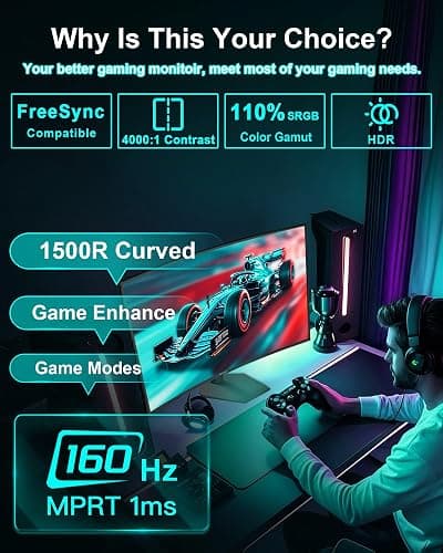 SANSUI 27 Inch Curved 160Hz Gaming Monitor, 1500R Curved Computer Gaming Monitor FHD 1080P, 4000:1, 110% sRGB, FPS/RTS, 1Ms MPRT|FreeSync|HDR|Low Blue Light|HDMI DP| VESA Support, HDMI Cable Incl. thumbnail 2