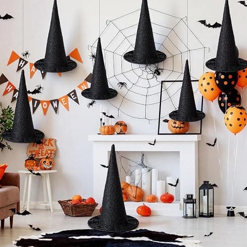 Beeveer 3 Pcs Halloween Rattan Witch Hat Decor, 14/12.2/10.2 Inch Handcrafted Black Rope Wizard Hats, 3D Rustic Farmhouse Spooky Decorations for Home Fireplace Door Table thumbnail 5