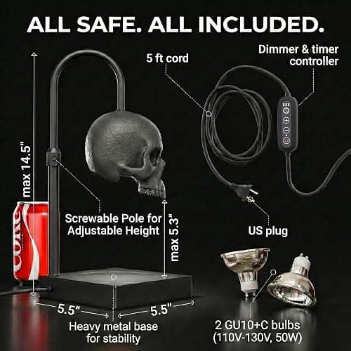 Skull Candle Warmer Lamp with Timer and Dimmer *Candles NOT Included – Black Gothic Candle Lamp Warmer w/Adjustable Height, 2 Light Bulbs – Skull Decor, Goth Gothic Decor Spooky Home & Witchy Gifts thumbnail 2