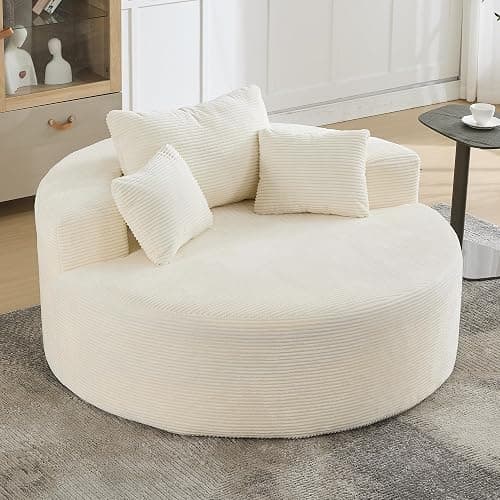 55" Oversized Round Chaise Lounge Indoor, Corduroy Boneless Bean Bag Chair, Compressed Cloud Floor Sofa, No Assembly Comfy Oversized Round Chair Fluffy Accent Chair for Living Room Bedroom, Beige - Image 1