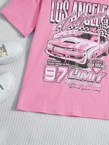 WDIRARA Girl's Car Letter Graphic Print Round Neck Short Sleeve Tee Summer Casual T Shirt thumbnail 4