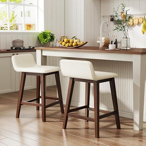 Giantex 24" Bar Stools Set of 4, Upholstered Counter Height Barstools with Low Back, Footrest, Armless Wood Bar Chairs for Kitchen Island, Dining Room, Brown & Beige thumbnail 9
