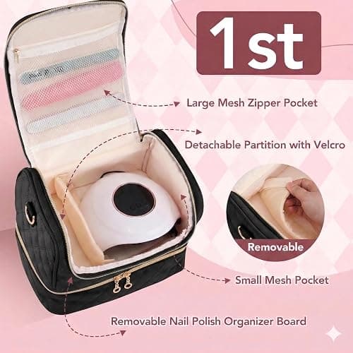 BAGCRAZY Nail Polish Organizer Case, Double Layer Nail Supplies Storage Bag holds 24 Bottles & UV/LED Lamp, Quilted Portable Manicure Travel Case with 8 Pcs Tools, for Nail Tech, Home & Salon, Black thumbnail 3