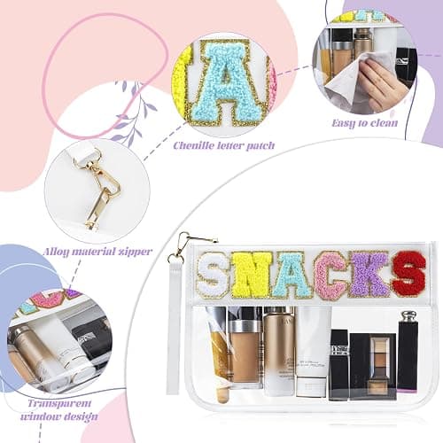 Buycard Snack Bag for Travel with Chenille Letter Patch-Preppy Waterproof Pouch for Travel, Makeup, Gym,Zippered Cosmetic Tote for Women & Girls,Holiday Essentials for Kids. (White) thumbnail 4