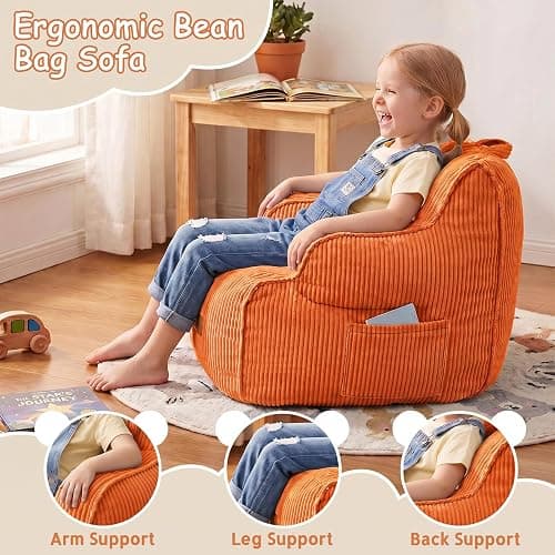 UODERS Bean Bag Chairs for Kids, Kids Bean Bag with Side Pocket-BurntOrange | Safe non-slip base, side pocket for toys, lightweight for girls & boys, breathable corduroy for all seasons, top handle thumbnail 3