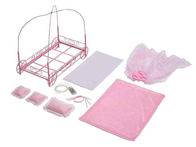 Badger Basket Elegant Royal Carriage Bed for 18-Inch Dolls with Canopy, Bedding, and LED Lights - Pink and White Stars thumbnail 7