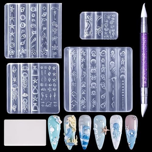 Laza 4pcs Ocean Silicone Nail Art Molds Multiple Mermaid Starfish Nail Mold | Reusable Nail Molds for Nail Art,Good Elasticity,3D Nail Mold, Seashell Jellyfish Beach Nail Charms Molds with Scraper & Pen - Image 1