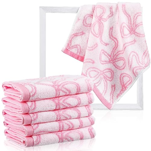 SmoothNovelty 6 Pcs Pink Bow Washcloths 100% Cotton Wash Cloths 13" x 13" Coquette Small Face Towels Absorbent Soft Hand Bath Towels for Bathroom, Spa, Kitchen Drying Cleaning (Classic Style) - Image 1