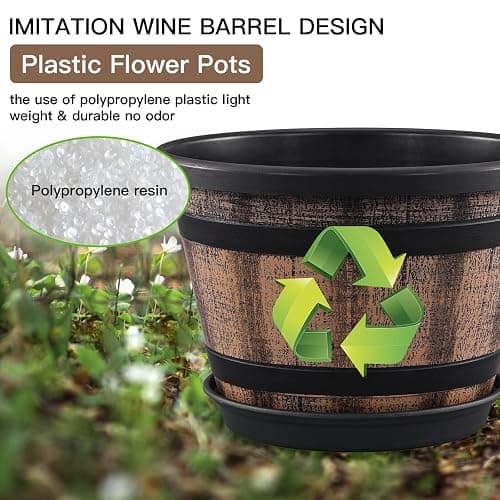 Quarut Plant Pots Set of 4 Pack 12 inch,Large Whiskey Barrel Planters with Drainage Holes & Saucer.Plastic Flower Pots Imitation Wine Barrel Design, for Indoor & Outdoor Garden Home Plants (Brown) thumbnail 5