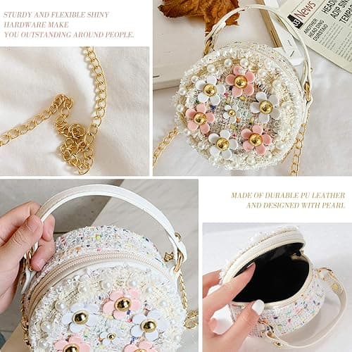 Forwe Little Girls Toddler Crossbody Purse with Pearl Flowers Mini Cute Princess Handbags Shoulder Chain Bag thumbnail 2