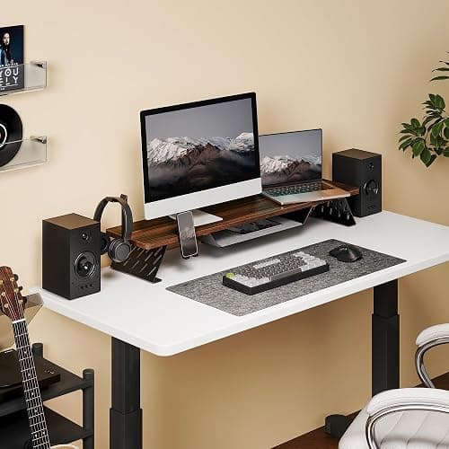 Fenge Dual Monitor Stand, Wooden Desk Shelf with Headphone & Phone Holder | 42.5" Monitor Riser with Storage Shelf, 2-Tier Monitor Shelf with Metal Leg for Home Office Organizer, Brown thumbnail 7