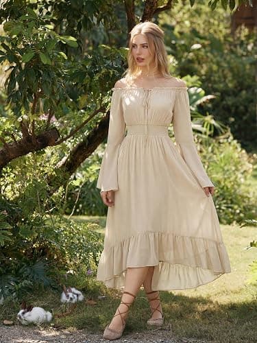 Scarlet Darkness Renaissance Dress Women Off Shoulder Bell Sleeve Dress | Bell Sleeve, Pockets, High Low Hem, for Fairy Goth Halloween Pirate Party thumbnail 2