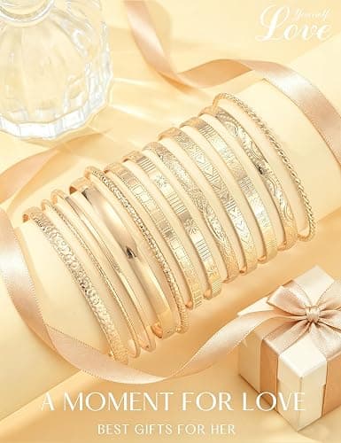 12Pcs Gold Bangle Bracelets for Women 14K Plated Adjustable Indian Boho Set | Stackable Layered Textured Bangle Set, Boho Gold Plated Bracelets, Lightweight Non Tarnish Jewelry, Great Gift for Women thumbnail 8