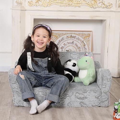 MOMCAYWEX Kids Sofa, 2-in-1 Flip-Out Foam Couch with Soft Sherpa Cover, Cozy Play Lounge Chair, Extra Wide, Glow in The Dark Grey thumbnail 6