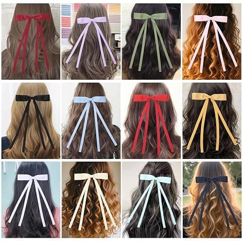 Slevaty Hair Bows Set: 12 PCS Ribbon Bowknot Clips and Barrettes with Long Tails for Women and Girls (12 Color Mixing) thumbnail 4