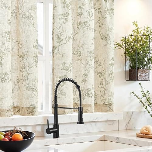 TOPICK Rideaux en lin, 65 x 60 cm avec motif floral, style champêtre, semi-transparent, pour printemps, cuisine, set de 2 pièces, vert sur blanc thumbnail 2