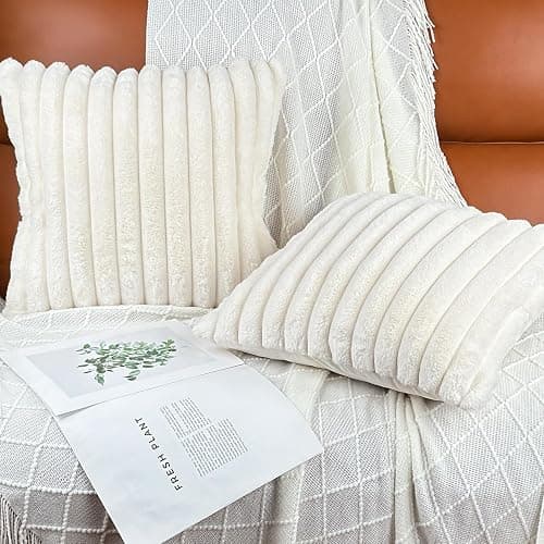 18x18 Throw Pillow Covers Set of 2, Decorative Faux Fur Covers for Bed, Couch Soft Fluffy Pillow Cover with Velvet Back for Living Room, Neutral Home Décor Accent for Sofa - Cream White thumbnail 4