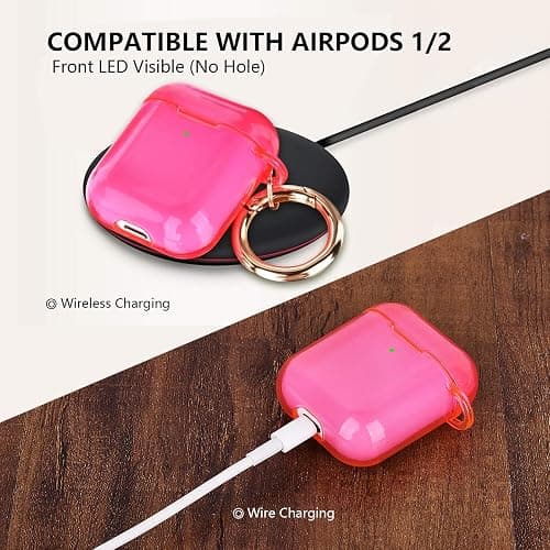AIRSPO Airpods Case Cover, Clear Soft TPU Protective Cover Compatible with Apple AirPods 1st 2nd Generation Wireless Charging Case with Keychain (Neon Hot Pink) thumbnail 4