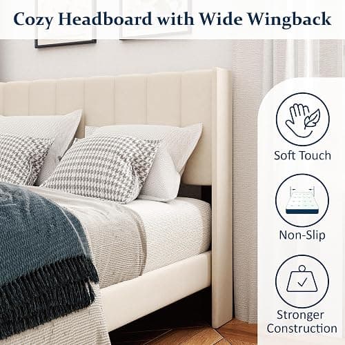 Sismplly Full Size Bed Frame with Headboard,Vertical Channel Tufted Wingback No Box Spring Needed, Mattress Foundation, Easy Assembly, Beige thumbnail 3