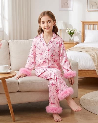 CARETOO Girls 2 Piece Pajamas Set Satin Sleepwear Long Sleeve Jammies for Kids Button-Down Nightwear Loungewear 4-12 Years thumbnail 2