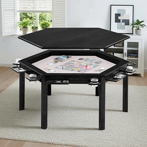 janiry Board Game Table with Removable Table Top Seats 4 to 6 Players Hexagonal Solid Wood Dining and Gaming Table Includes Play Mat, Detachable Cup Holders & Trays (Black) - Image 1