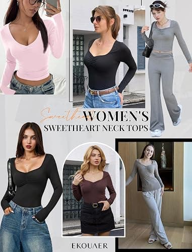 Ekouaer 3 Packs Womens Long Sleeve Tops Sweetheart Neck Fitted Shirts Basic Layering Tee Soft Undershirts Fall Outfits thumbnail 6