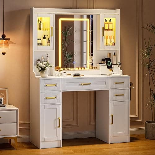 YBXGO White Makeup Vanity Table with LED Lighted Mirror | 3 Light Modes, Power Outlet, 6 Drawers & 4 Storage Cabinets, Modern Dressing Desk for Bedroom thumbnail 3