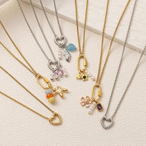 immerFancy Gold Charm Necklace for Women Western Boho Jewelry, Charm Holder Carabiner Paperclip Chain Necklaces with Star Moon Horseshoe Fish Shell Pendant Charms Celestial Choker Necklaces Gift thumbnail 4