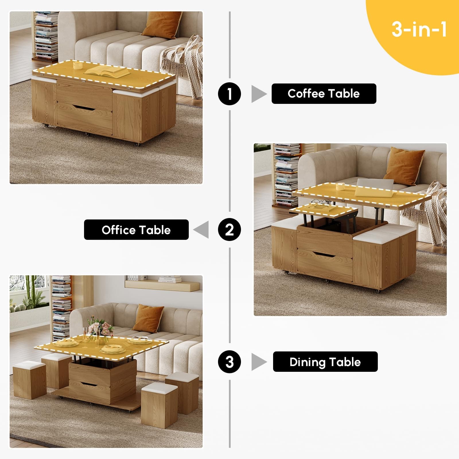 Homary Lift-up Wooden Coffee Table with 4 Hidden Soft Chairs, Hydraulic Swivel, Extendable Dining & Work Table, Built-in Storage, Space-Saving for Living Rooms & Flats thumbnail 6